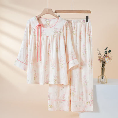 Pyjama mit Blumenmuster aus Bambus-Baumwolle mit Bindeband am Hals - Rosa - XXL - image 2