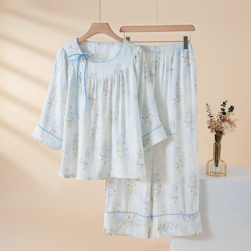 Pyjama mit Blumenmuster aus Bambus-Baumwolle mit Bindeband am Hals - Blau - XXL - image 13