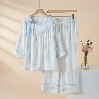 Pyjama mit Blumenmuster aus Bambus-Baumwolle mit Bindeband am Hals - Blau - XXL - image 13