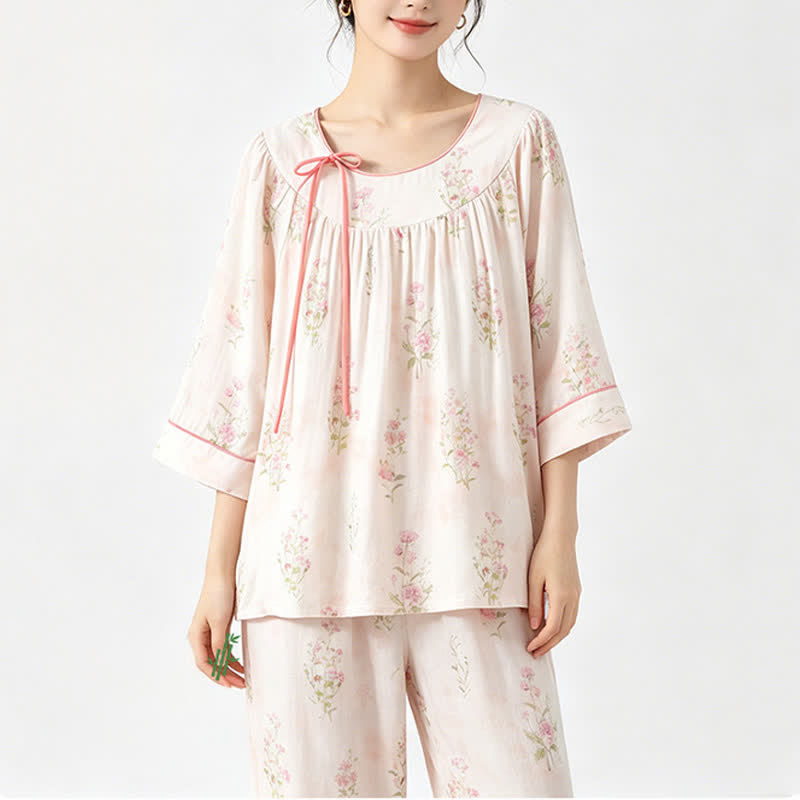 Pyjama mit Blumenmuster aus Bambus-Baumwolle mit Bindeband am Hals - image 5