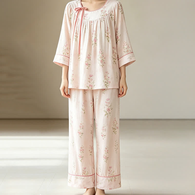 Pyjama mit Blumenmuster aus Bambus-Baumwolle mit Bindeband am Hals - image 3