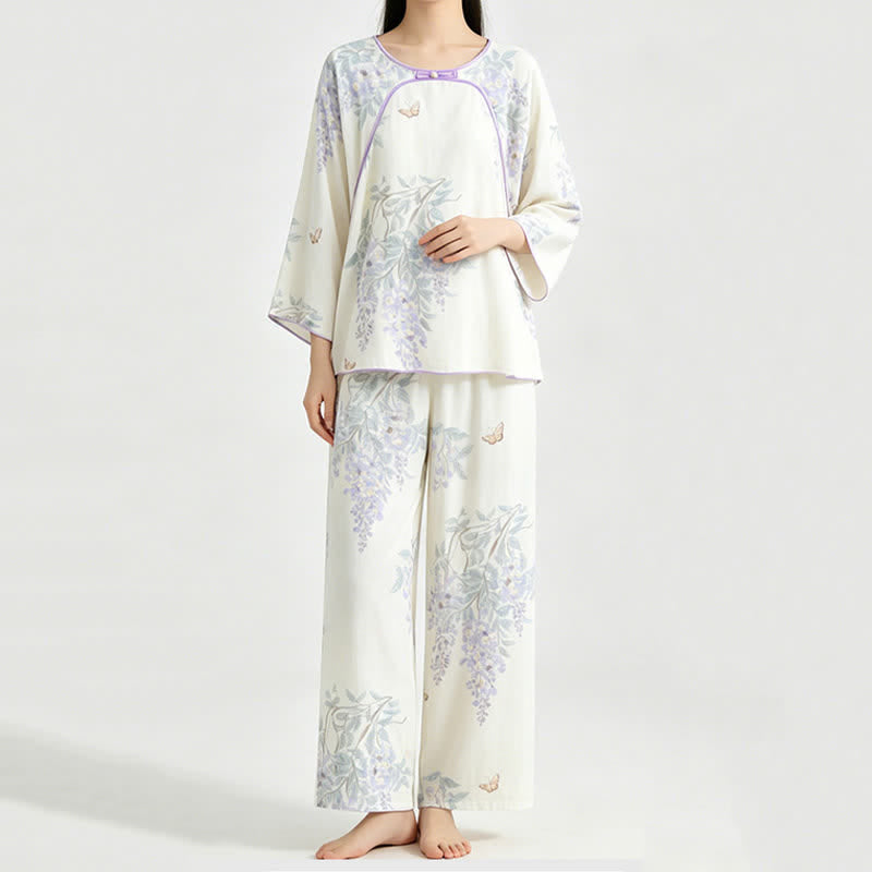 Damenpyjama aus Bambusfaser mit Blumen- und Schmetterlingsmuster - image 2