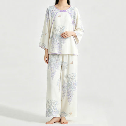 Damenpyjama aus Bambusfaser mit Blumen- und Schmetterlingsmuster - image 2