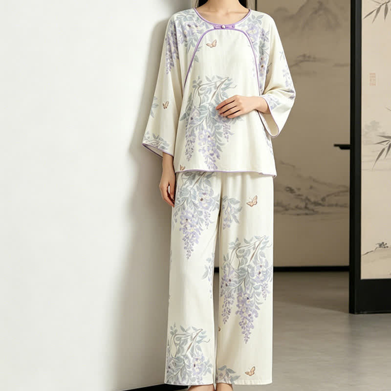 Damenpyjama aus Bambusfaser mit Blumen- und Schmetterlingsmuster - image 3