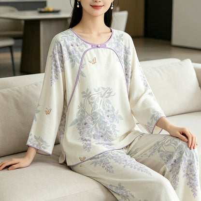 Damenpyjama aus Bambusfaser mit Blumen- und Schmetterlingsmuster - image 4