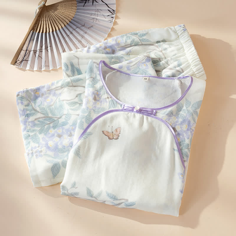 Damenpyjama aus Bambusfaser mit Blumen- und Schmetterlingsmuster - image 1
