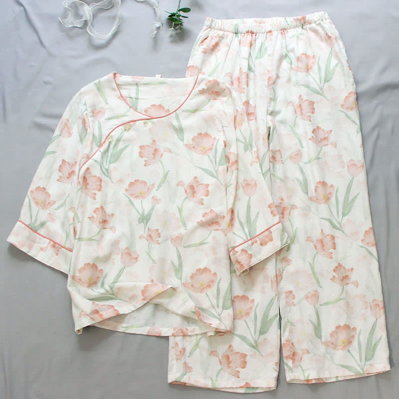 Damenpyjama aus Bambusfaser mit Tulpenmuster - image 1