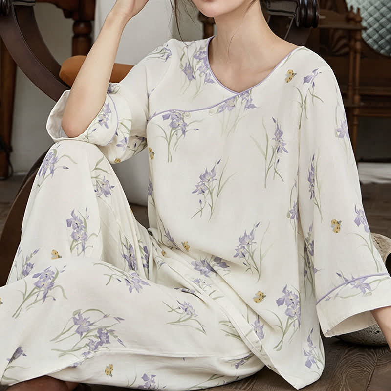 Damenpyjama mit Iris-Print aus Bambusfaser - image 3