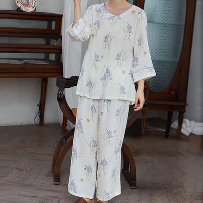 Damenpyjama mit Iris-Print aus Bambusfaser - image 2