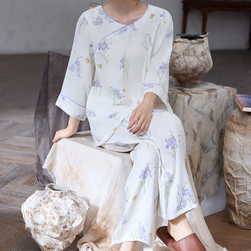Damenpyjama mit Iris-Print aus Bambusfaser - image 1