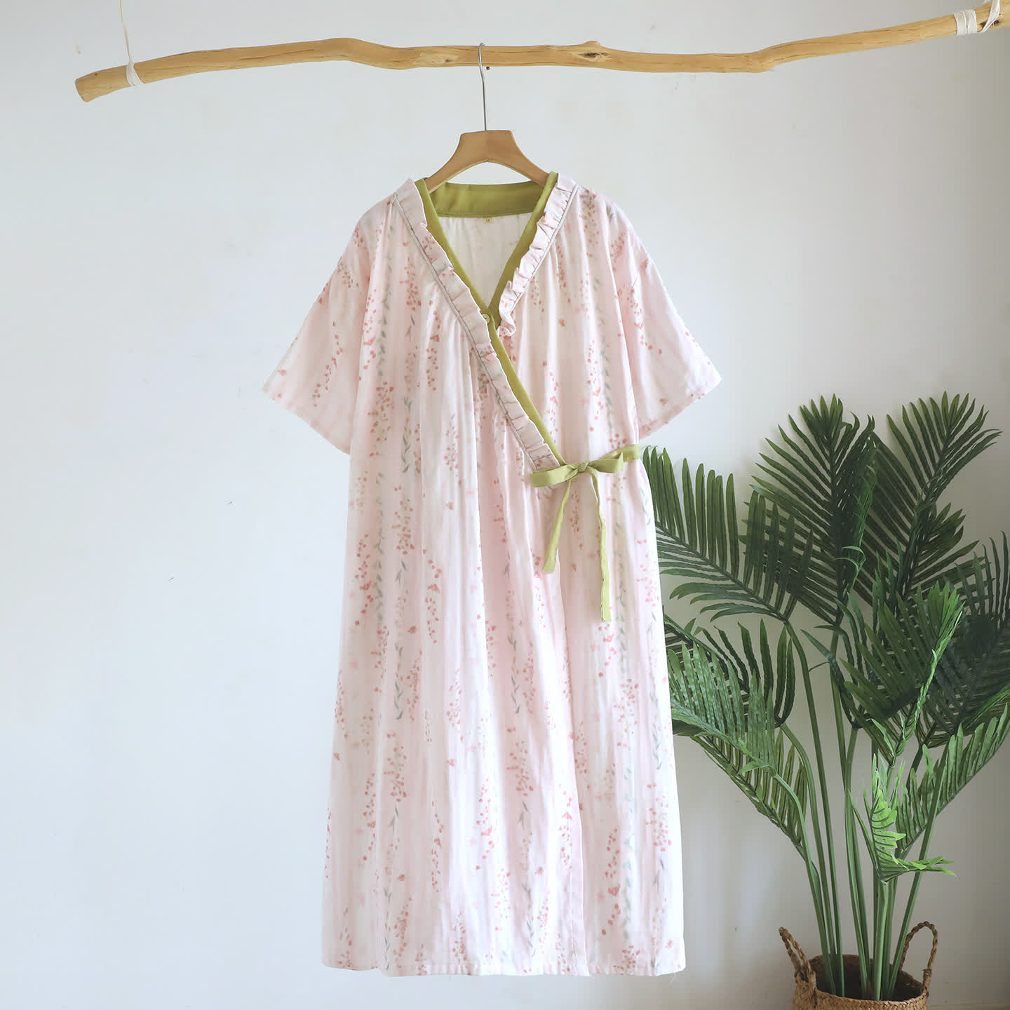 Kimono-Nachthemd/Loungewear aus geblümtem Baumwollgaze - Beige - L - image 0