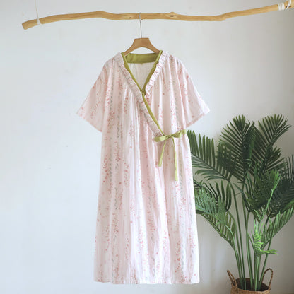 Kimono-Nachthemd/Loungewear aus geblümtem Baumwollgaze - Beige - L - image 0