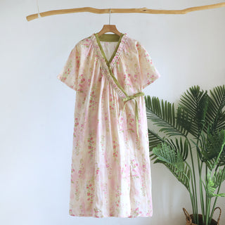 Kimono-Nachthemd aus Baumwollgaze mit floralem Blumenmuster und Rüschenbesatz - Beige - L - image 0