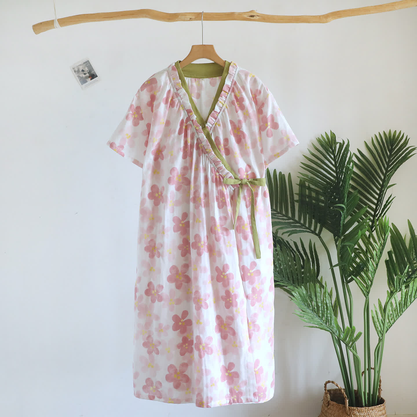 Sakura Blumenmuster Kimono-Nachthemd aus Baumwollgaze - Beige - Kurzarm - L - image 2