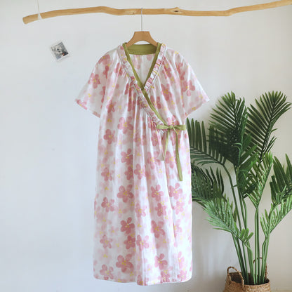 Sakura Blumenmuster Kimono-Nachthemd aus Baumwollgaze - Beige - Kurzarm - L - image 2