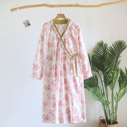 Sakura Blumenmuster Kimono-Nachthemd aus Baumwollgaze - Beige - Langarm - L - image 13