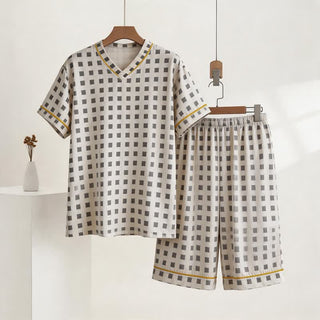 Unisex Mini-Karo-Pyjama-Set mit V-Ausschnitt - Grau - XXL - image 0