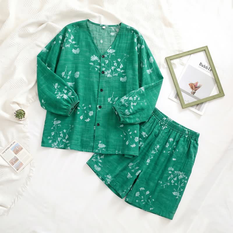 Damenpyjama mit botanischem Blumenmuster und Knopfleiste - image 5