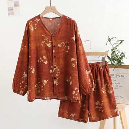 Damenpyjama mit botanischem Blumenmuster und Knopfleiste - Rot - Einheitsgröße - image 0
