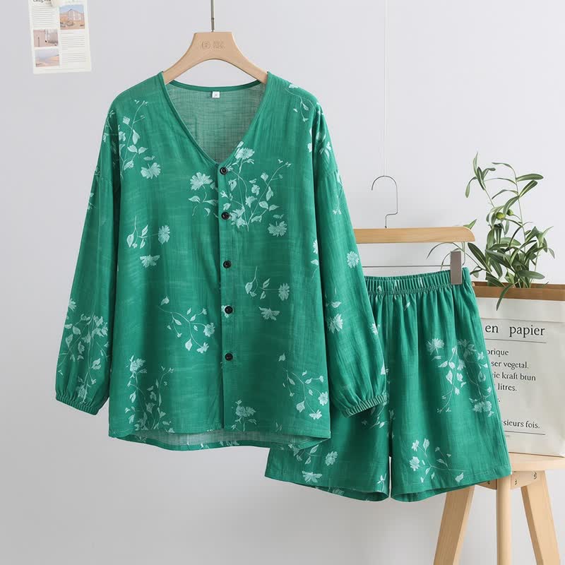 Damenpyjama mit botanischem Blumenmuster und Knopfleiste - Grün - Einheitsgröße - image 4