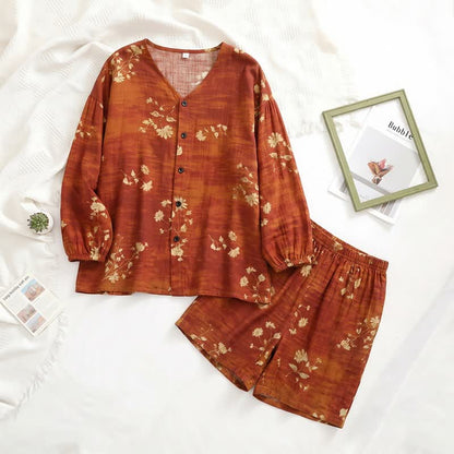 Damenpyjama mit botanischem Blumenmuster und Knopfleiste - image 1