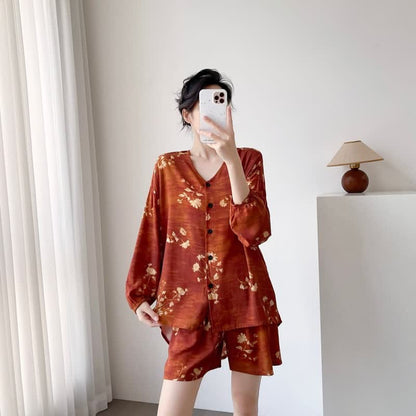 Damenpyjama mit botanischem Blumenmuster und Knopfleiste - image 2