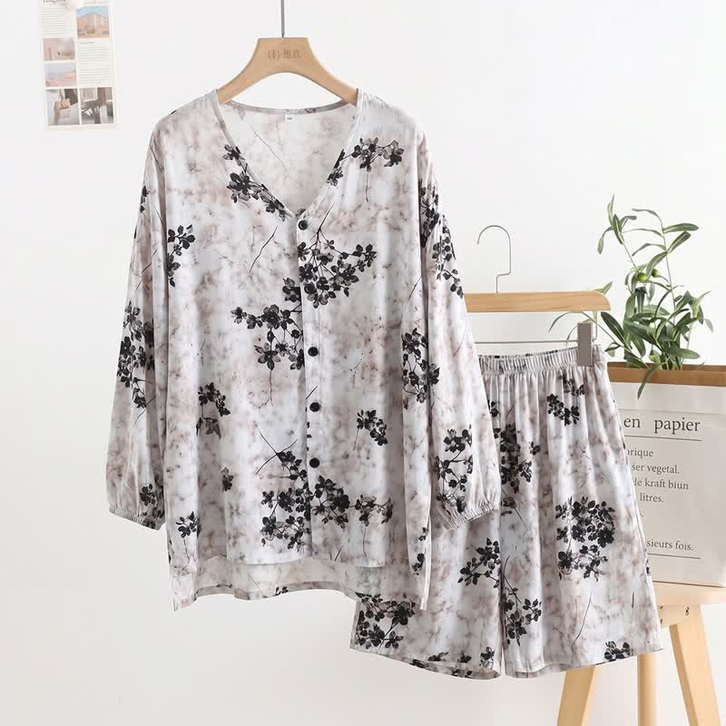 Retro-Pyjama mit Blumenmuster und Knopfleiste für Damen - Grau - Einheitsgröße - image 0