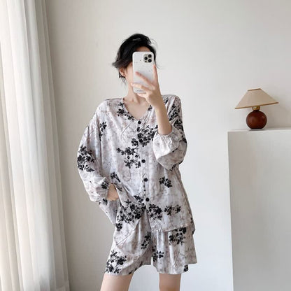 Retro-Pyjama mit Blumenmuster und Knopfleiste für Damen - image 2