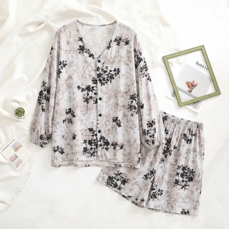 Retro-Pyjama mit Blumenmuster und Knopfleiste für Damen - image 1