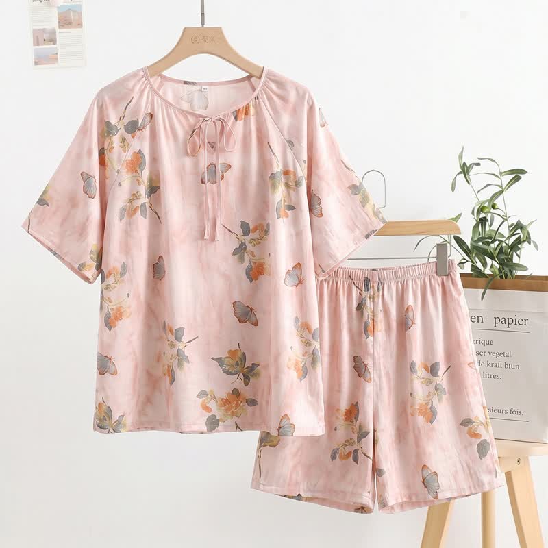 Loungewear-Set mit Blumen- und Schmetterlingsmotiven und Bindekragen - Rosa - 2XL - image 0