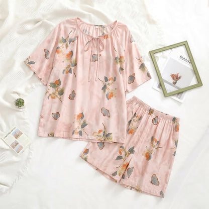 Loungewear-Set mit Blumen- und Schmetterlingsmotiven und Bindekragen - image 1