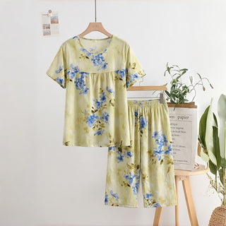 Damenpyjama mit blauem Blumenmuster und kurzen Ärmeln - Gelb - XXL - image 0