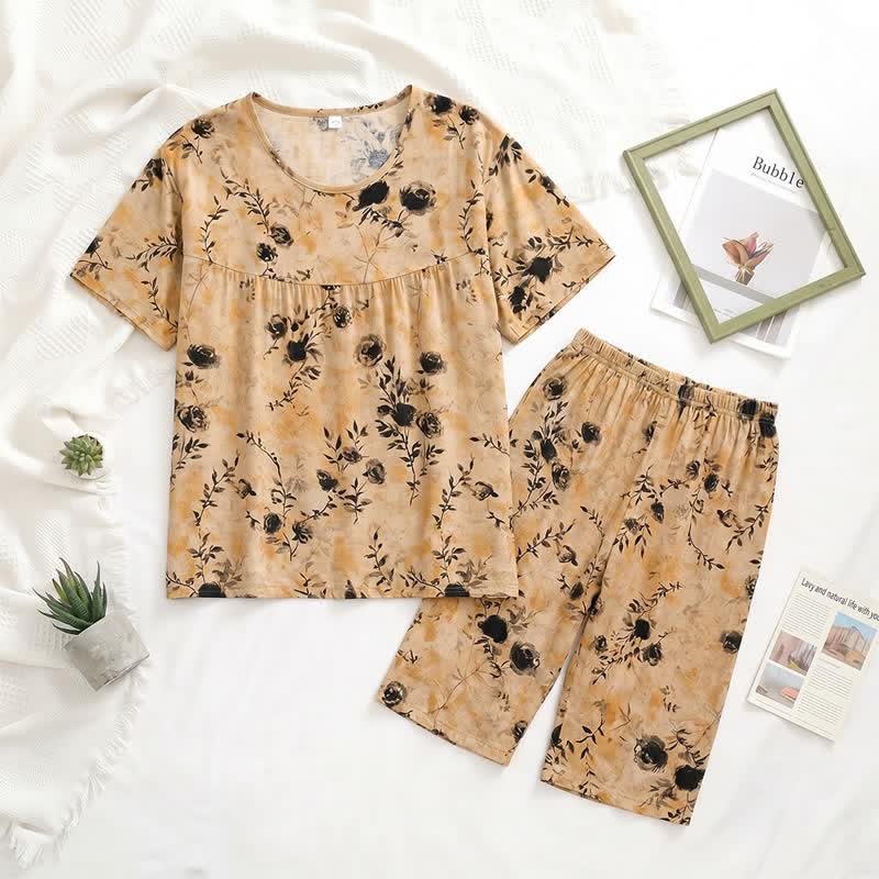 Vintage Damenpyjama mit Blumenmuster und kurzen Ärmeln - Kaffee - XXL - image 1