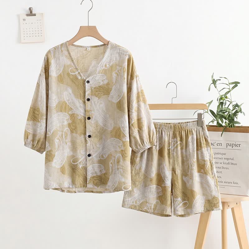 Pyjama-Set mit Paisley-Muster und V-Ausschnitt - Beige - Einheitsgröße - image 0