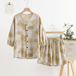 Pyjama-Set mit Paisley-Muster und V-Ausschnitt - Beige - Einheitsgröße - image 0