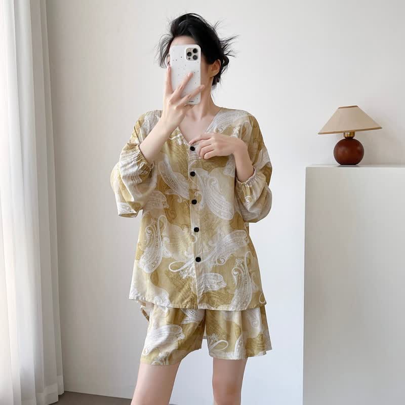 Pyjama-Set mit Paisley-Muster und V-Ausschnitt - image 2