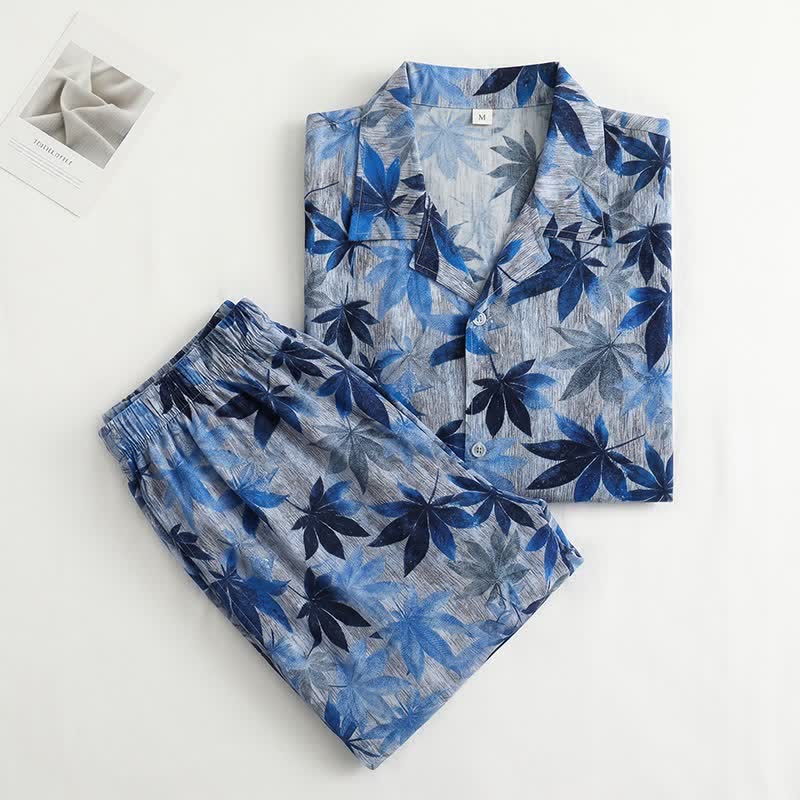 Unisex-Pyjama-Set mit blauem Blattmuster - image 1