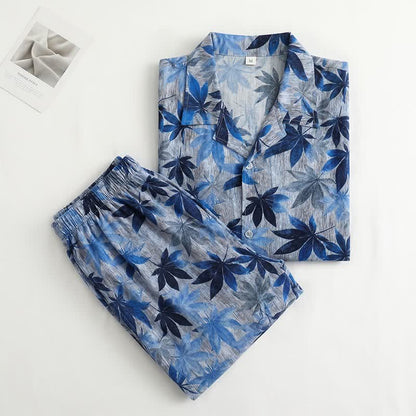 Unisex-Pyjama-Set mit blauem Blattmuster - image 1
