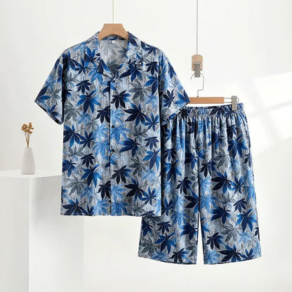 Unisex-Pyjama-Set mit blauem Blattmuster - Blau - 5XL - image 0