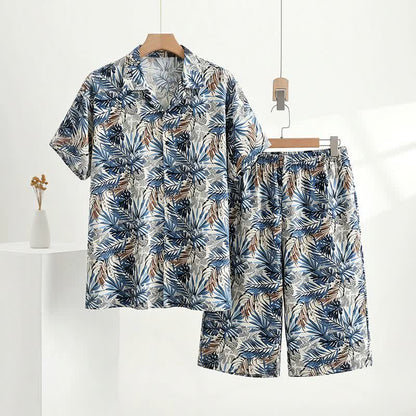 Loungewear-Set mit tropischem Blätterprint - Marine - 5XL - image 0