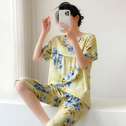 Damenpyjama mit blauem Blumenmuster und kurzen Ärmeln - image 3