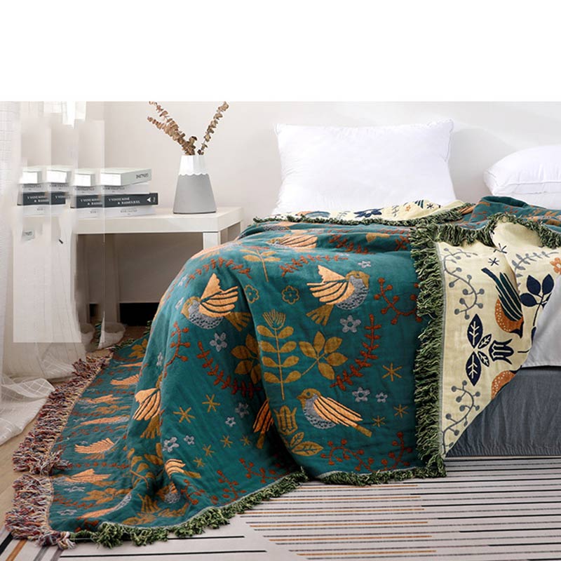 Ownkoti Boho Atmungsaktive Wendedecke mit Blumen und Vögeln