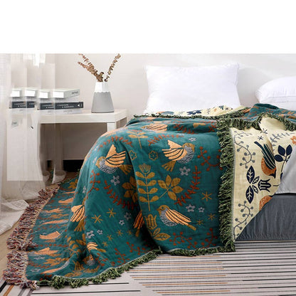 Ownkoti Boho Atmungsaktive Wendedecke mit Blumen und Vögeln