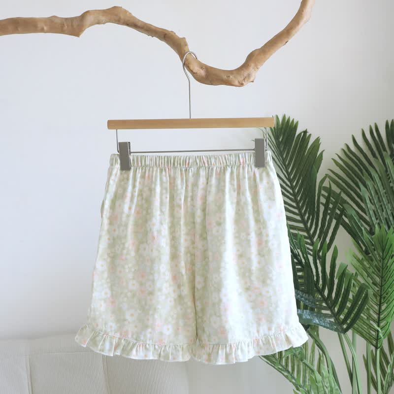 Grüne Pyjama-Shorts aus Baumwolle mit Blumenmuster und Rüschen - Grün - XL - image 1