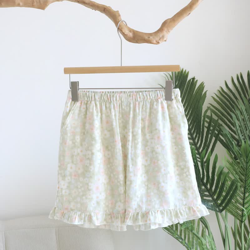 Grüne Pyjama-Shorts aus Baumwolle mit Blumenmuster und Rüschen - image 0
