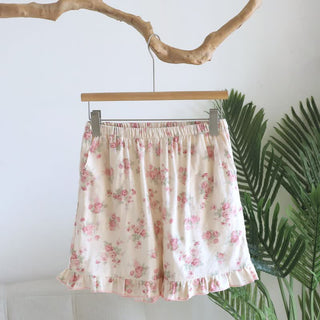 Rosa geblümte Baumwoll-Pyjama-Shorts mit Rüschen - Beige - XL - image 0