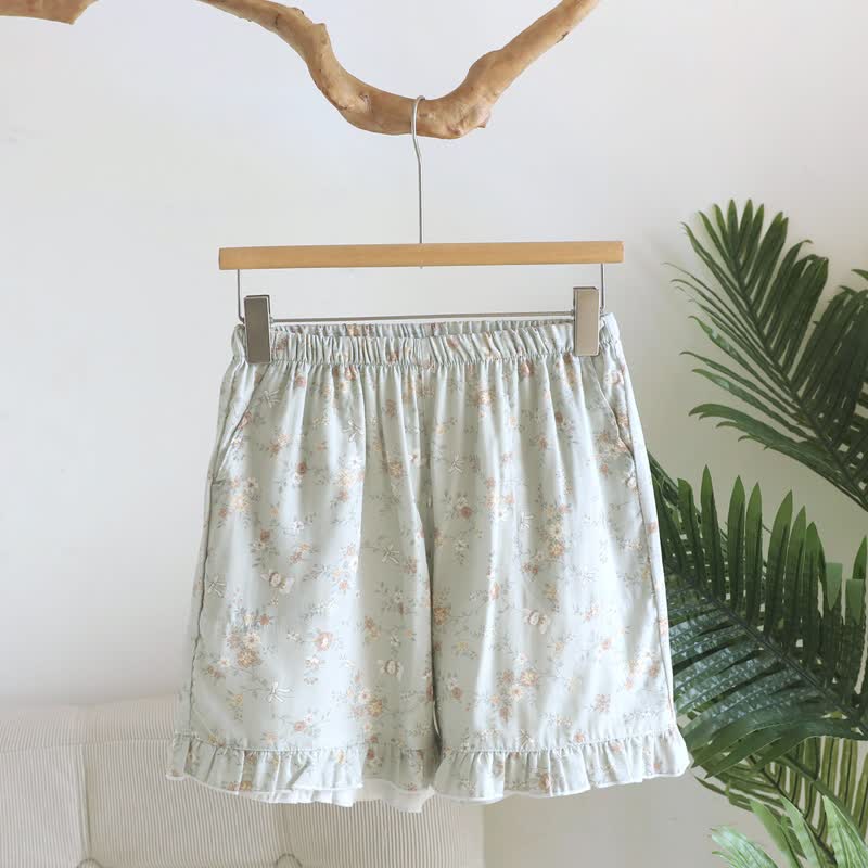 Pyjama-Shorts aus Baumwollgaze mit Rüschen und Blumenmuster - Grün - XL - image 0