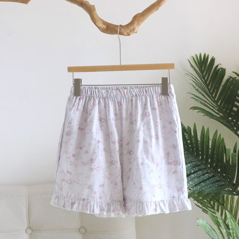 Pyjama-Shorts aus Baumwollgaze mit Rüschen und Blumenmuster - Lila - XL - image 1