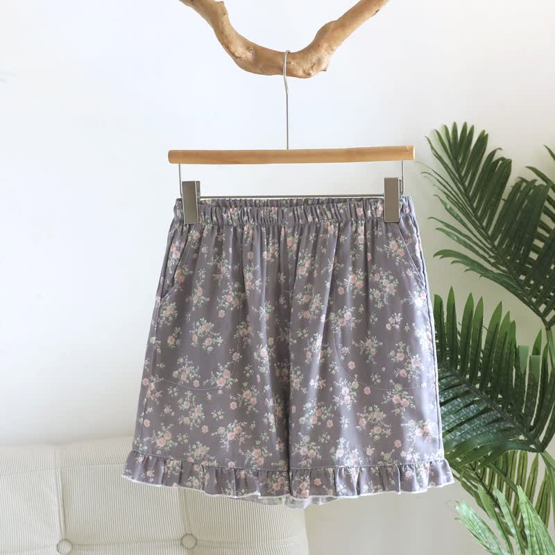 Pyjama-Shorts aus Baumwolle mit Rüschen und Blumenmuster - Grau - XL - image 9