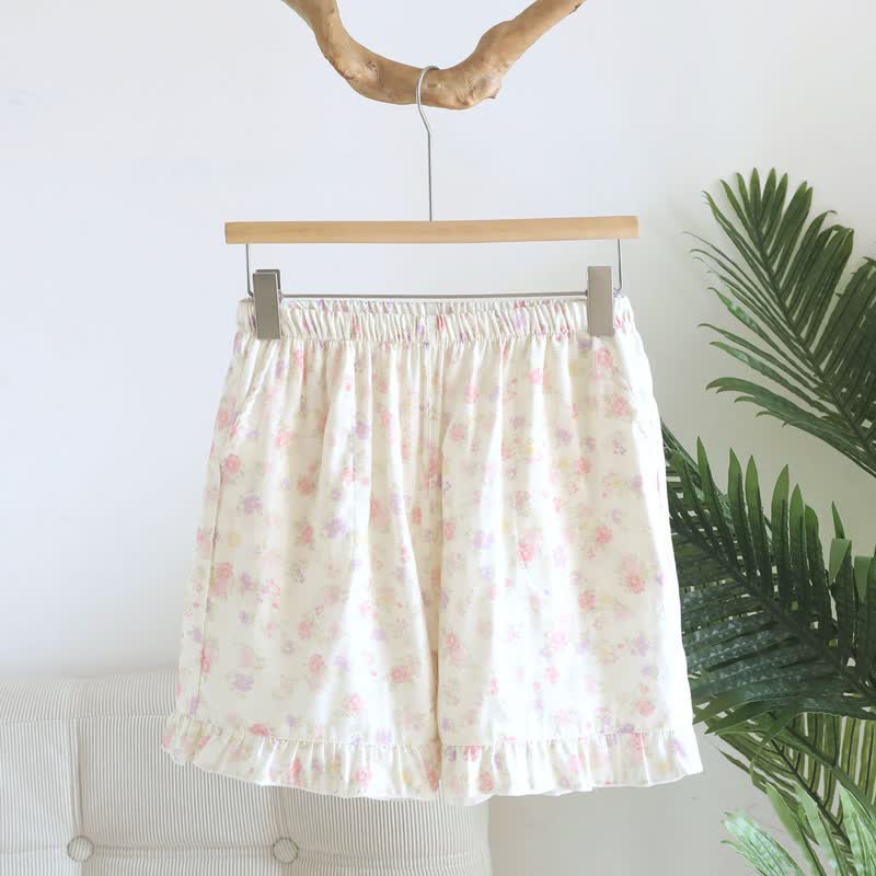 Pyjama-Shorts aus Baumwolle mit Rüschen und Blumenmuster - Beige - XL - image 0